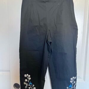 Kim Rogers Grandma Core Black Pants with Blue and White Embroidery